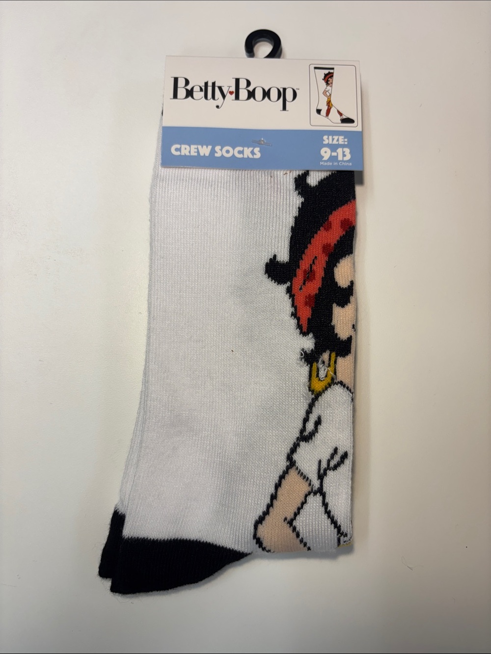 Betty Boop White Crew Socks with Black Toe and Red Hair Accent